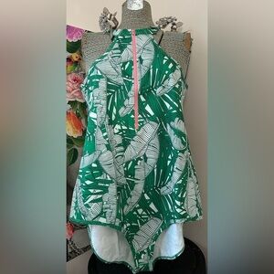 NWOT IVY STOREHOUSE ONE PIECE BATHING SUIT TROPICAL PRINT GREEN/PINK ZIP Sz. L.